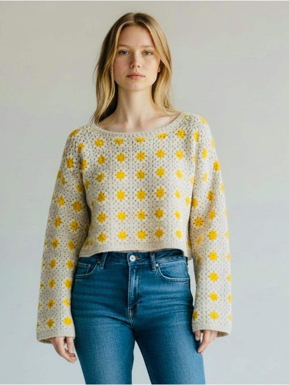 Vintage Daisy Crochet Knit Crop Sweater M Cottagecore Grannycore